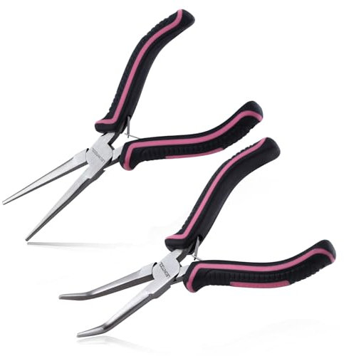 LEONTOOL 2PCS Mini Needle Nose Pliers Set - Smooth Jaws Long and Bent Nose Jewelry Making Tools - Extra Long for Wire Wrapping and Object Gripping