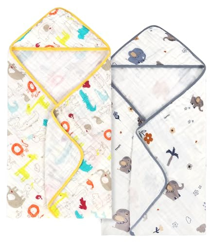 decalsweet 2 Stück Badeponcho Kinder, 100% Musselin Baumwolle Kapuzenhandtuch Baby Atmungsaktiv und Saugfähig, Badeponcho Baby Handtuch mit Kapuze für Neugeborene, 90×90cm(Tier Baby Elefant)