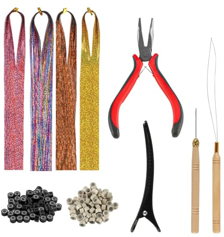 Kit Extensions Cheveux Micro Perles 35'' (4 Couleurs/800 Mèches) - Outils Pose Pro avec Pince, Paillettes & Nano - Méthode Liens Réutilisables Sans Chaleur pour Coiffeur/DIY
