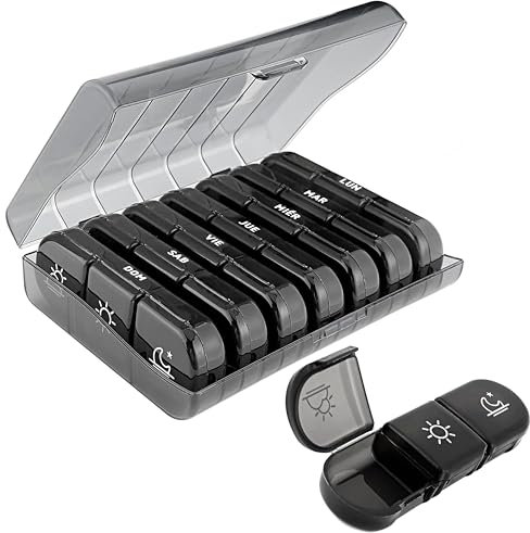 Pastillero Semanal 3 Tomas Diario en Color Negro - Organizador de Medicamentos en Colores por Día, Caja de Pastillas de Viaje Duradera y Portátil, Ideal para Medicación Regular