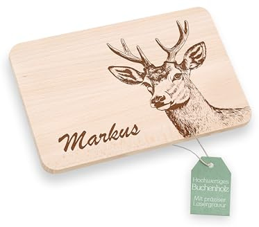 ABENTEUERNAH Frühstücksbrett personalisiert Mann, Brotzeitbrett mit Gravur, Geburtstagsgeschenk Mann, Vesperbrett, Hirsch, 27 x 14 cm, Holz, Buchenholz, Antibakteriell und langlebig