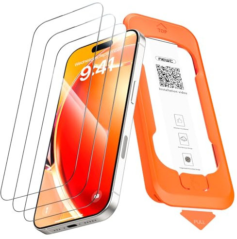 NEW'C 3 Piezas, Protector de pantalla Cobertura total para iPhone 17, iPhone 16 Pro 6,3 pulgadas [Instalación Automática], Cristal Vidrio Templado - Ultra Resistente - Efectivo contra Rayones
