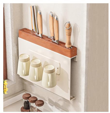 Dxcaicc Portacuchillos De Cocina con Portavasos, Portacuchillos Universal De Madera De Acacia 6 En 1, Mmultifunción Bloque De Cuchillos De Ventilación De Pared para Familia, Restaurante,C,17.5 Inch