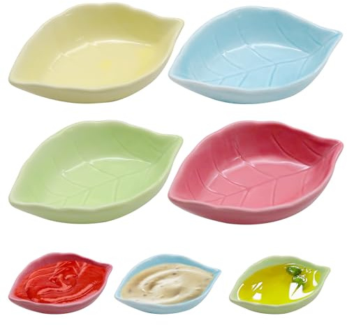 4 ciotole in ceramica a forma di foglia, 11 x 7,5 cm, mini ciotole a forma di foglie, fatte a mano, 4 colori, piccole ciotole da dessert per salsa di soia, spezie, frutta