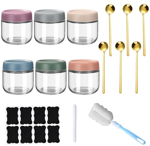 HXXWEUS 6 Piezas Tarros de Cristal con Tapa, 300ML Tarros de Avena Nocturna, tarros de Conserva de Vidrio, Tarros de Vidrio Reutilizables, Vasos Yogurtera, con 6 Cucharas, para Avena Durante la Noche