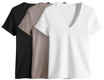 THE SET Mujeres Pack de 3 Camisetas acanaladas de Manga Corta con Cuello de Pico Negro/Blanco/Marrón Topo M