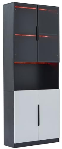 Gxffipw Vitrine mit Glastüren und LED-Licht, Vitrinenschrank Glasvitrine mit 5 Fächer, Highboard Sammlervitrine mit Verstellbare Schotten, Wohnzimmerschrank, Weiß+Schwarz, 80x30x200 cm