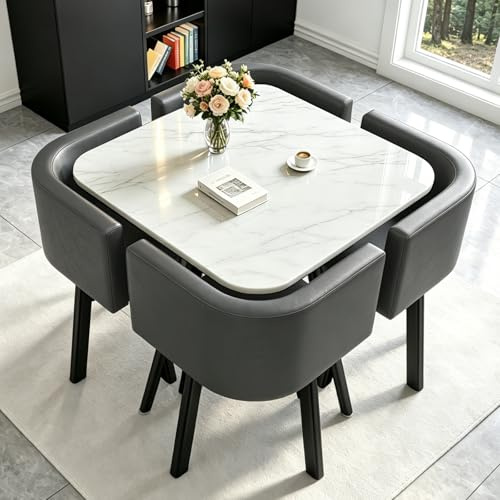 AMZSEW Essgruppe 5-Teilig, Küchenstühle Runder Esstisch und 4 Kunstleder Esszimmerstühle (White-1)