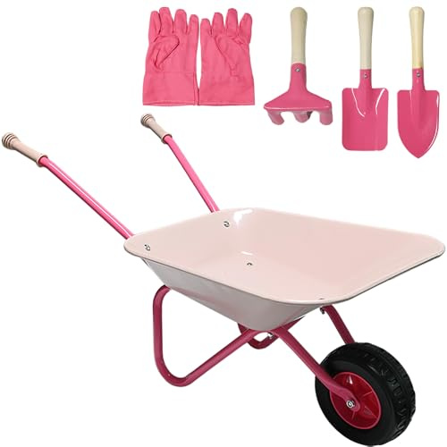 Unibos | Kids Pink Wheelbarrow, Gardening Toys, Metal Frame, Plastic Tray & Rubber Handles For Educational Outdoor Play | Included Accessories Gloves, Hand Trowel, Shovel & Rake (Pink)