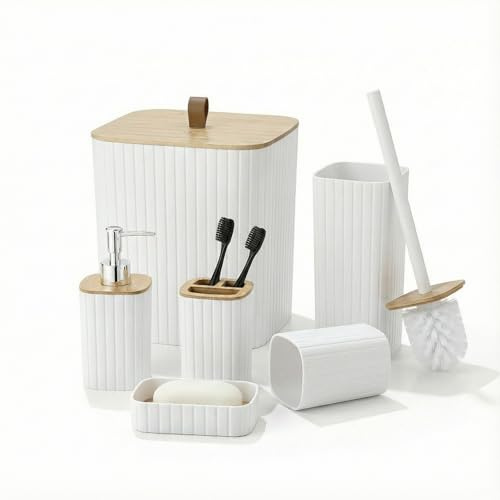 Perclyzm Badezimmer Set 6-TLG., Weiß Mit Bambusdeckel, Modernes Badzubehör Set, Komplettes Badaccessoires-Set Mit Mülleimer, Toilettenbürste, Zahnbürstenhalter Und Seifenspender