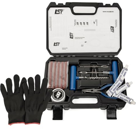 LST Reifen Reparaturset 48-teilig für schlauchlose Reifen, Profi Pannenhilfe Set mit 35 Vulkanisierstreifen für Auto, Motorrad, Roller und Quad, inklusive T-Griff Werkzeug, Zange und Koffer