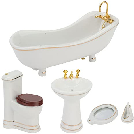 Zhangpu 1:12 dockhus badrumsset, miniatyr badrumsset, toalettspegel, badkar, handfat, toalettborste, dockhustillbehör, 5