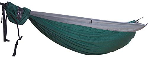 Hideaway Outfitters Outdoor Reise Camping Doppel Hängematte f. 2 Personen - Set inkl. Baumgurte, Befestigung, Montagematerial, Fallschirmseide, Ultraleicht Nylon (Grau/Dunkelgrün/Grau) 3mm Diamond
