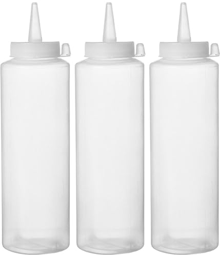 HENDI Dispensador de botella para salsas y condimentos, reutilizable, juego de 3 botellas, biberón dosificador exprimible, ketchup, mostaza, aceite de oliva, 0,7L, ø70x(H)240mm, transparente, PE, PP