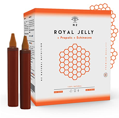 Gelée Royale Pur mit Propolis, Vitamin C und Echinacea. 30 Ampullen 2000 MG. Reduziert Müdigkeit und andere Symptome, erhöht Energie, Vitalität und stärkt den Stoffwechsel.N2 Natural Nutrition