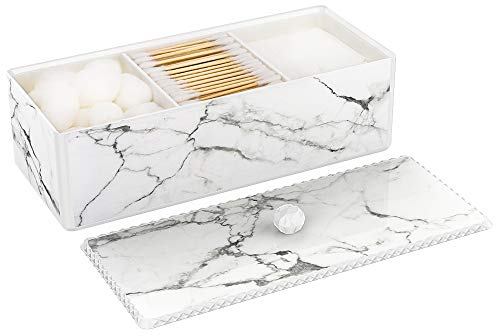 Luxspire Wattestäbchenhalter mit Deckel, 3 Fächern Wattebauschspender Wattepadspender Ohrstäbchenhalter mit Marmor Muster, Acryl Kosmetikorganizer Aufbewahrungsbox - Tinte Weiß