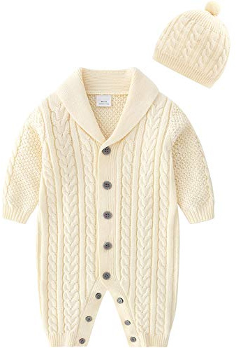 amropi Gestrickte Strampler Baby Mädchen Spieler und Mütze Strickanzug Schneeanzug Overalls Beige-1,12-18 Monate
