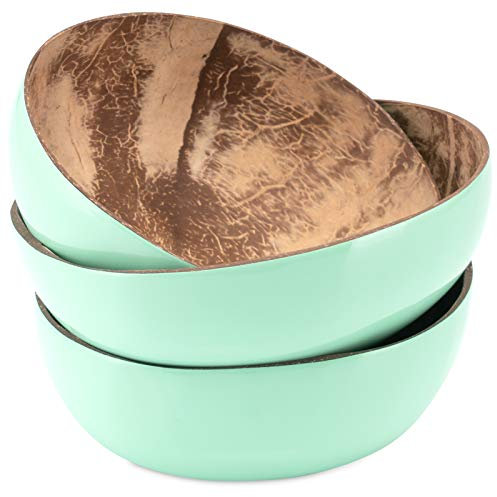 Decorasian Lot de 3 bols en noix de coco véritable - Bol en noix de coco - Intérieur poli - Extérieur laqué - Vert menthe