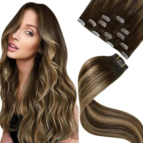 LaaVoo Extensions Echthaar Clip in Braun Remy Balayage Clip in Echthaar Extensions Ombre Dunkelbraun mit Erdbeerblond Echthaar Extensions Clips Glatt 30cm 80g/5Stück