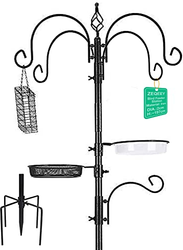 Zeqeey Robuste Metall Vogelfutterstation Vogelfutterstangen Ständer Kit mit hängender Futterstation Vogelfutterschale zum Anlocken von Wildvögeln