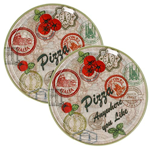 MamboCat 2er Set Pizzateller Moskau grün Ø 31,5 cm I Servier Platten mit Motiven I Vorspeisenplatten zum Anrichten für Antipasti oder Tomate-Mozzarella I Bunte Porzellanteller für Pizza Pasta & Co