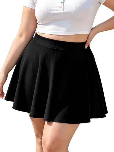 Moon Wood Women's Ladies Black Mini Skater Skirt - Plus Size Elasticated Waisted Flared Casual Pleated Skirts UK XL