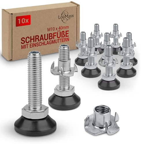 LouMaxx Adjustable Feet M10 x 40 mm Including Drive-In Nut - Set of 10 - Adjusting Screw - Height-Adjustable Feet - Screw Base - Machine Base, Screw Feet Height Adjustable - Adjustable Feet M10 x 40