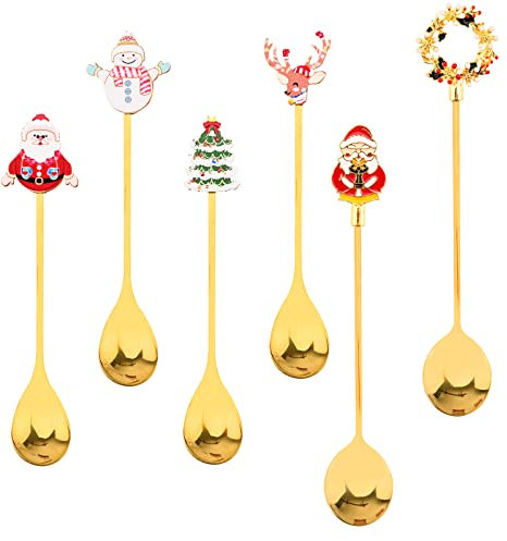 Cuillères à Café de Noël Lot de 6 cuillères à café en acier inoxydable Cuillères à thé à Dessert en Acier de Noël Petite Cuillère à Dessert pour décorations de table de fête de noël (Color A)