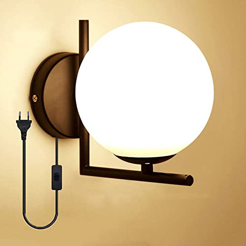 Modern Golden Schlafzimmer Wandleuchte Glas kugel Wandlampe mit Schalter Stecker E27 Glaskugel Wand-Lampe Schirme Bett Leselampe Wandmontage Nachttischlampe für Wohnzimmer Flur Landhaus (Schwarz)