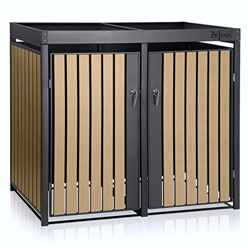 Zelsius Mülltonnenbox 2 Tonnen mit Pflanzdach | (B) 132 x (T) 80 x (H) 124 cm | Anthrazit RAL 7016 | Tür in Holzoptik mit Erweiterungsmöglichkeit | Mülltonnenverkleidung, Mülltonnen