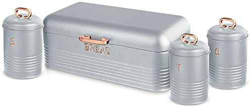 Berlinger Haus Moonlight Tischbrotkasten + 3er-Set Küchenaufbewahrung, robuster Edelstahl, Behälter für Brot und Gebäck mit Deckel, Grau/Roségold