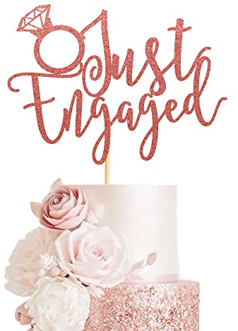 Arthsdite Just Engaged Cake Topper for Engagement Party Decorations, Engaged Ring Sign, Bridal Shower We're Engaged Cake Toppers - Rose Gold Glitter