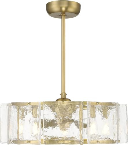 Savoy House 27-FD-8201-322 Genry Fandelier Coastal Clear Water Piastra Glass Drum Chandelier Ceiling Fan with Light and Remote, 5-Light 40 Total Watts, 17 H x 27 W, Warm Brass