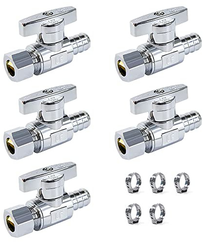 Vintex 1/2 Inch PEX x 3/8 Inch OD Compression PEX Straight Valve 5 Pack, Quarter Turn Water Shut Off Valve, Solid Brass, CVPC