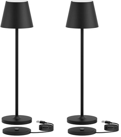 K-Bright 2 Stück mini led tischlampe mit USB Ladestation 27.5cm Schwarz | Indoor & Outdoor kleine Akku Tischleuchte Stimmungsvolle Beleuchtung für den Esstisch | Warme Lichtfarbe | IP54 wasserdicht
