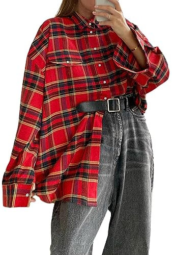 ORANDESIGNE Chemisier Carreaux Femme Chemise T-Shirt Casual Décontractée Classique Retro Ecossaise Flanelle Blouse Gilet Vintage A Rouge M