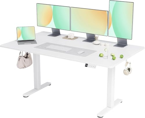 Claiks Schreibtisch Höhenverstellbar Elektrisch, Höhenverstellbarer Schreibtisch 140x60 cm, Standing Height Adjustable Desk, Weiß Gestell/Weiß Oberfläche