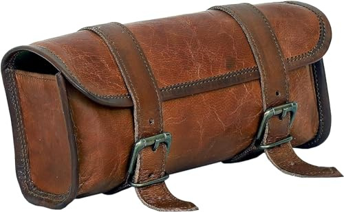 american blue Vintage-Motorradtasche aus echtem Ziegenleder, 2-Riemen-Schnallenverschluss, braune Werkzeugtasche, Schnellverschluss, verstärkt, für Lenker, Gabeln, Leder-Fahrradtasche (Muster 2)