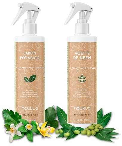 naukua Pack Jabón Potásico más Aceite de Neem Ecológico 100% Natural - Mejora y Activa Las defensas Naturales de Las Plantas de Interior y Exterior - Actúa de Manera rápida y eficaz - 500ml Cada uno