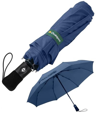 Chakipee Kompakter Reise Regenschirm Groß Sturmfest – Automatik Taschenschirm für Herren und Damen, Tragbarer 210T-Stoff 97 cm Spannweite 8 Rippen Schirm Dunkelblau