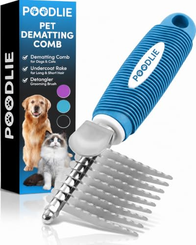 Poodle Dematting Fur Rake Comb Brush for Dogs and Cats - Long 2.5 Steel Safety Blades Metal Comb for Detangling Matted or Knotted Undercoat Hair