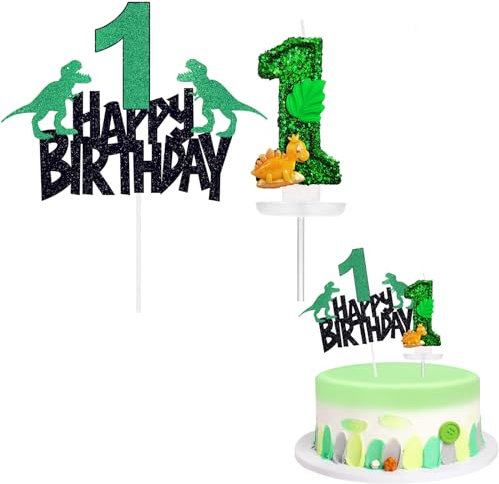 Dinosaur Happy Birthday Cake Topper & Number 1 Candle, Dino Cupcake Topper & Candles - 1st Birthday Cake Decorations for Boys