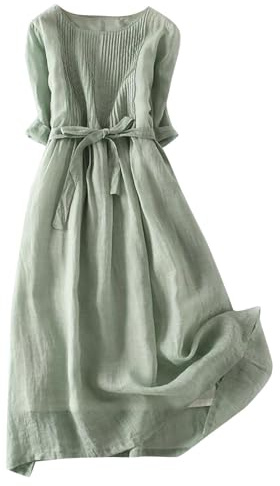 Zeiayuas Vintage Linen Dresses for Women UK Cotton Linen Maxi Dresses Lace Up Round Neck Half Sleeve Dress Pleated Boho Beach Holiday Dresses Summer Casual Tunic Dress Elastic Waist Tie Long Dress