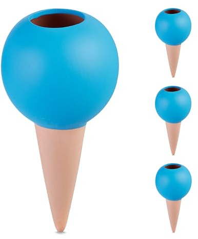 Relaxdays Tonkegel Bewässerung, 4er Set, terrakotta/blau | für 1,5L Flaschen, Gießhilfe für Zimmerpflanzen, Kugel-Design