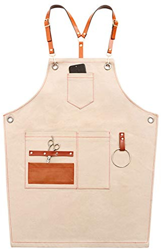 ECOLFE Schürzen für Männer, Arbeitsschürze, Segeltuchschürze, Werkstatt-Werkzeugschürze mit verstellbaren Trägern for Friseur, Küche, Gärtner, Café (Farbe: Grau, Größe: XL)(Color:White)