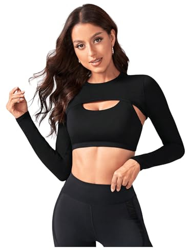 GORGLITTER Damen Super Crop Top Langarm T-Shirt Kurzes Top Sports Yoga Oberteil Rundkragen Tops Schwarz L