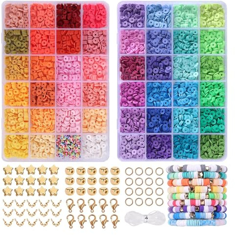 Qikuver 6440 Stück Perlen Set, Perlen zum Auffädeln, 48 Farben Geschenk Mädchen Perlen Set, 2 Boxen DIY Armbänder Selber Machen, Armband Schmuckherstellung Kit für Ringen Halsketten Geschenk