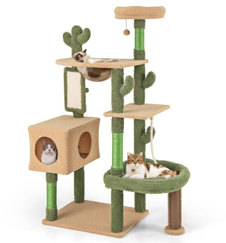COSTWAY Cat Tree, 150cm Tall Cats Climbing Tower with Sisal Scratching Posts & Board, Condo, Capsule Bed, Hanging Toy, Groom Brush, Multi-level Kitty Activity Center for Indoor Cats
