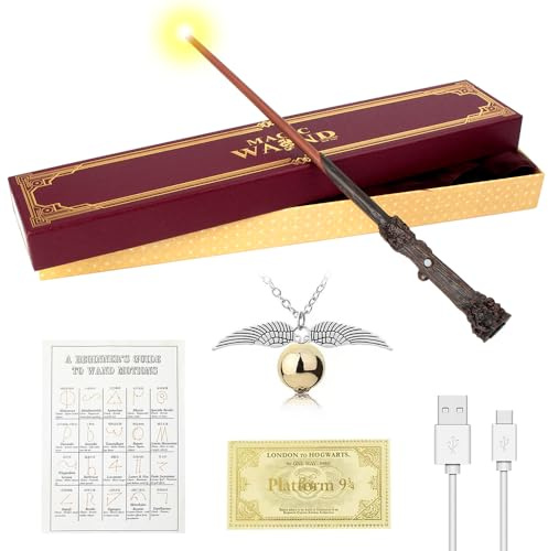 WDKXCN Harry Zauberstab Glühen, 37CM Zauberstab HPotter mit Licht, USB Aufladung Magic Zauberstäbes, Harry Stab in Geschenkbox mit Zauberspruch-Karte, Stationsticket und Halskette