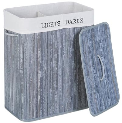 Relaxdays Wäschekorb mit Deckel, 2 Fächer, Bambus, 100 l, Faltbare Wäschebox, HxBxT: 63 x 54 x 34 cm, Wäschetruhe, grau